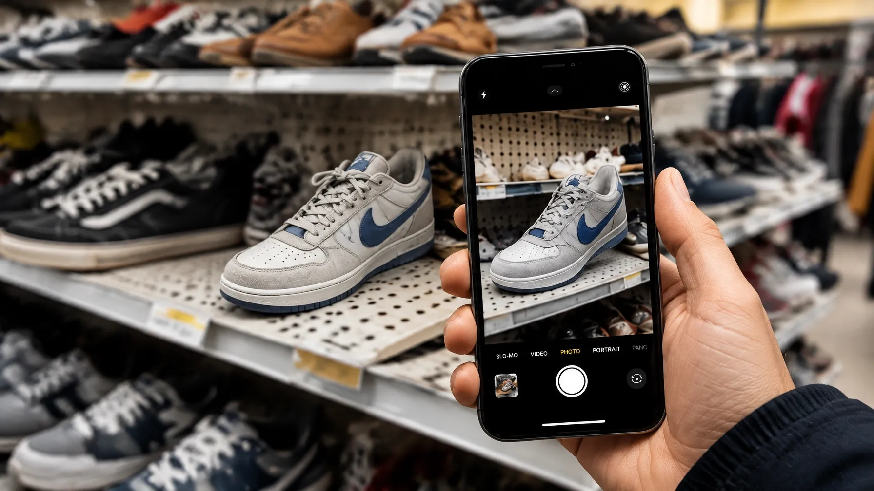 Reseller photographing a sneaker on a thrift-store shelf with a smartphone